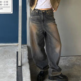 Jean taille haute droit délavé, vieux pantalon décontracté de rue